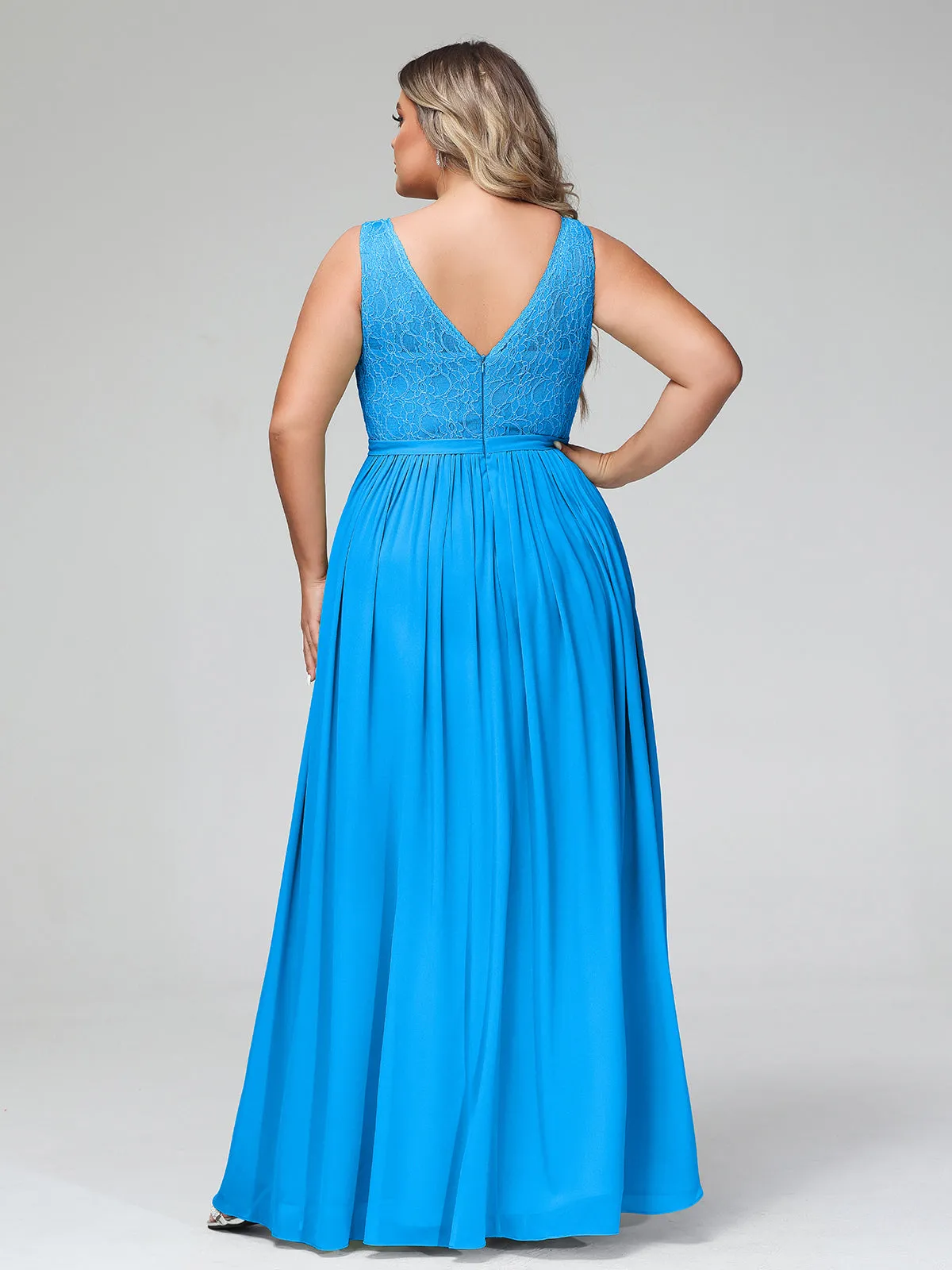 Lace Top and Chiffon Bottom Long Dresses Ocean Blue