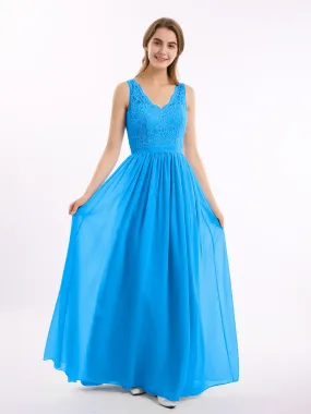 Lace Top and Chiffon Bottom Long Dresses Ocean Blue