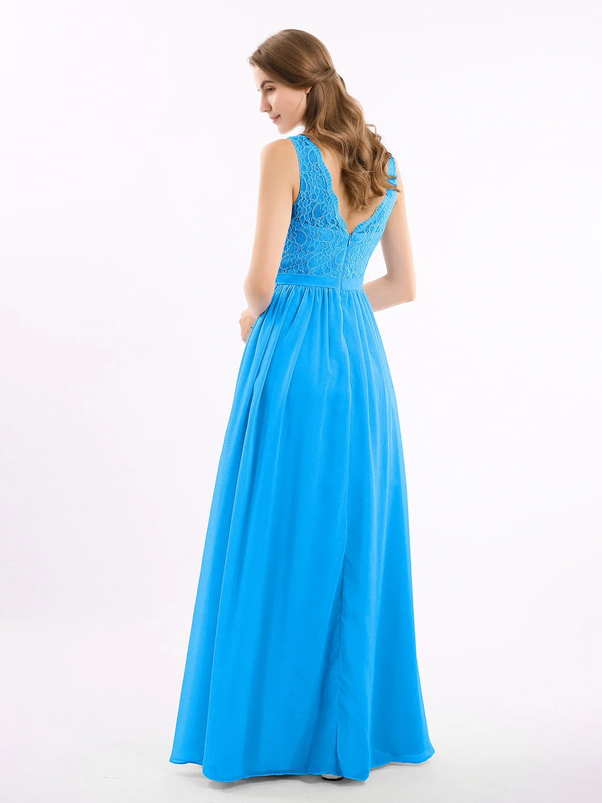 Lace Top and Chiffon Bottom Long Dresses Ocean Blue