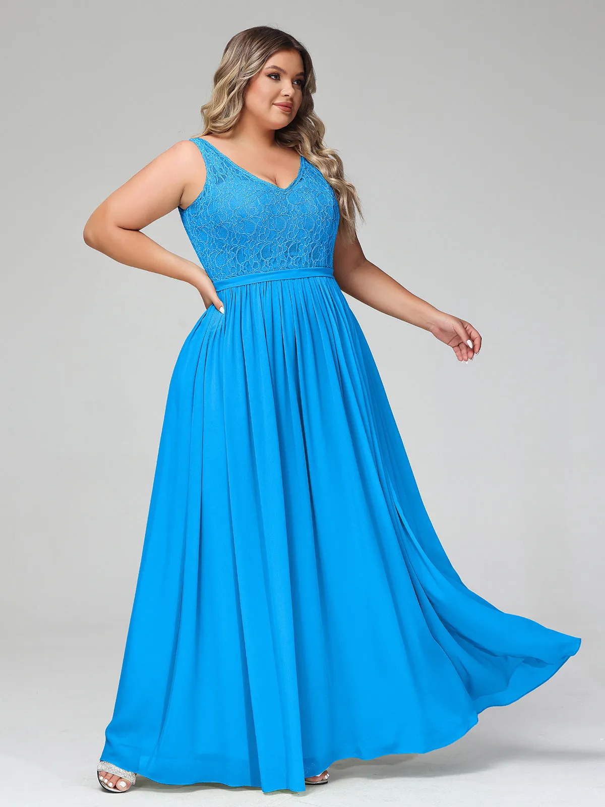 Lace Top and Chiffon Bottom Long Dresses Ocean Blue