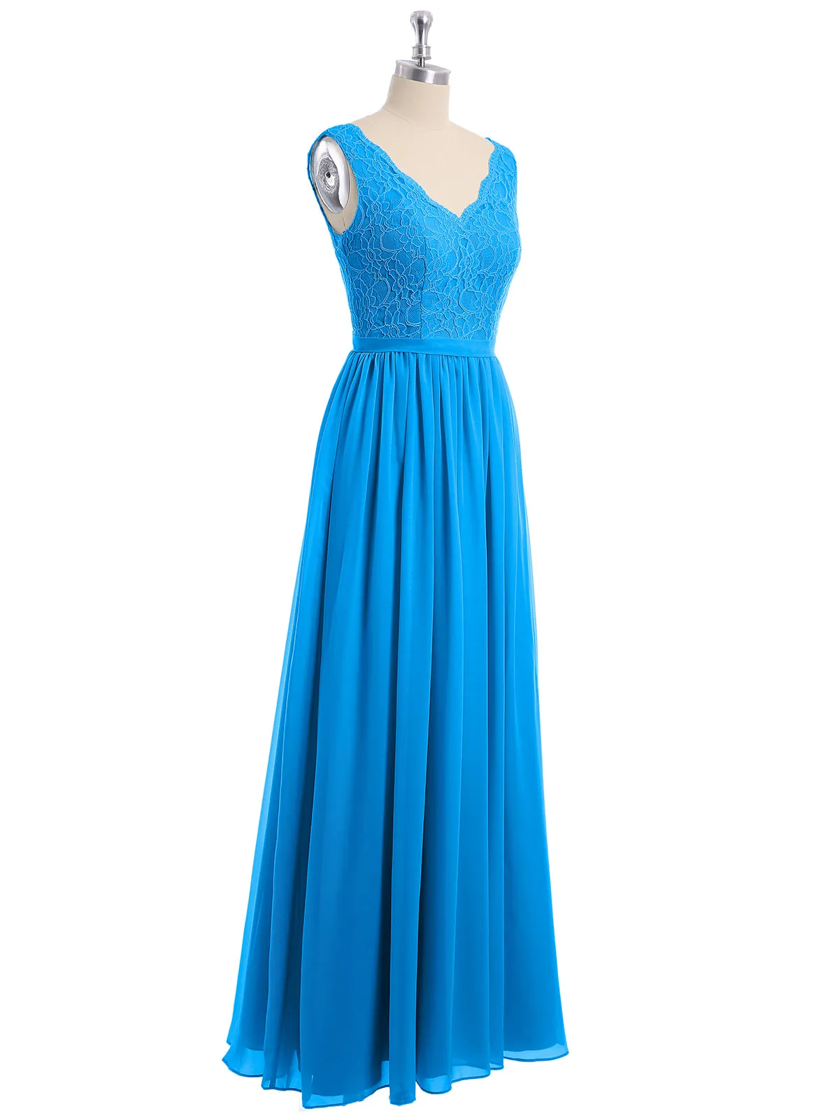 Lace Top and Chiffon Bottom Long Dresses Ocean Blue