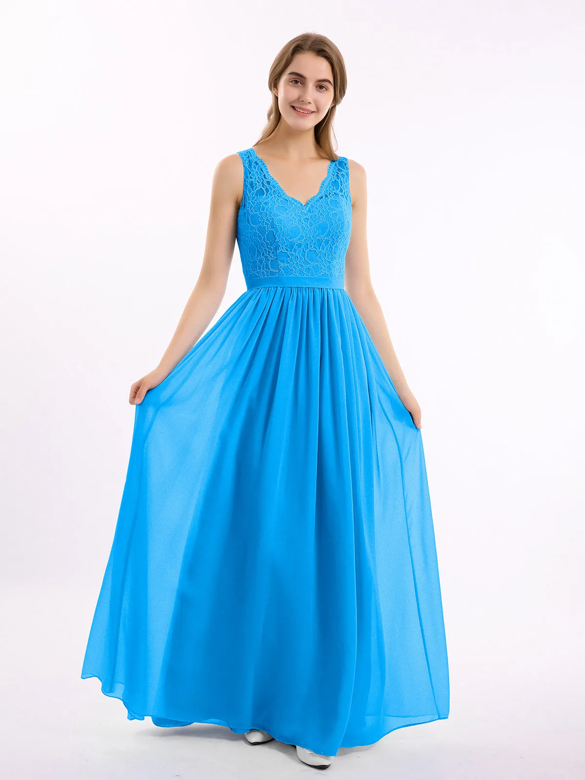 Lace Top and Chiffon Bottom Long Dresses Ocean Blue