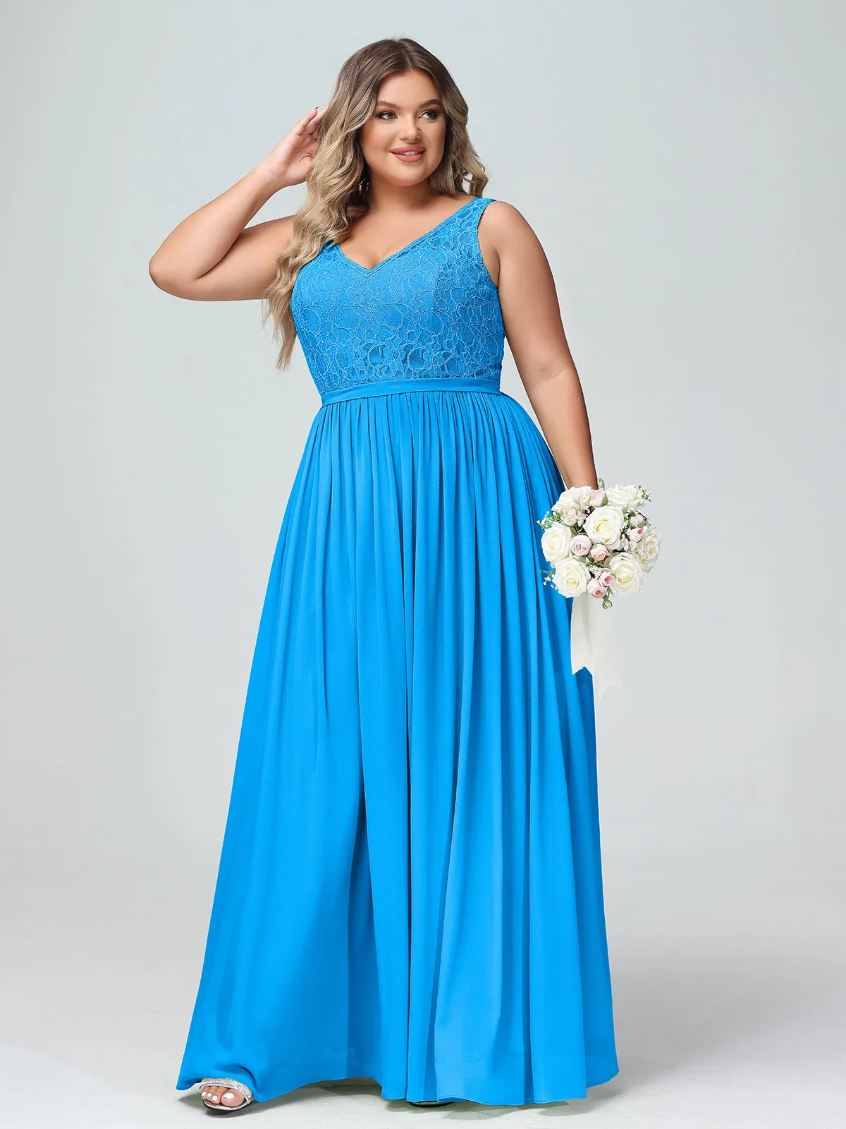 Lace Top and Chiffon Bottom Long Dresses Ocean Blue