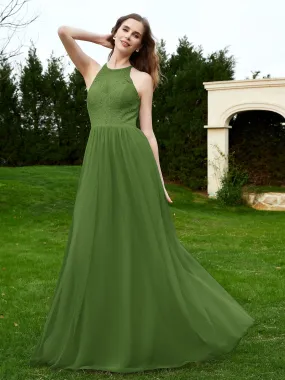 Lace Tulle Bridesmaid Gown Halter Neckline Moss