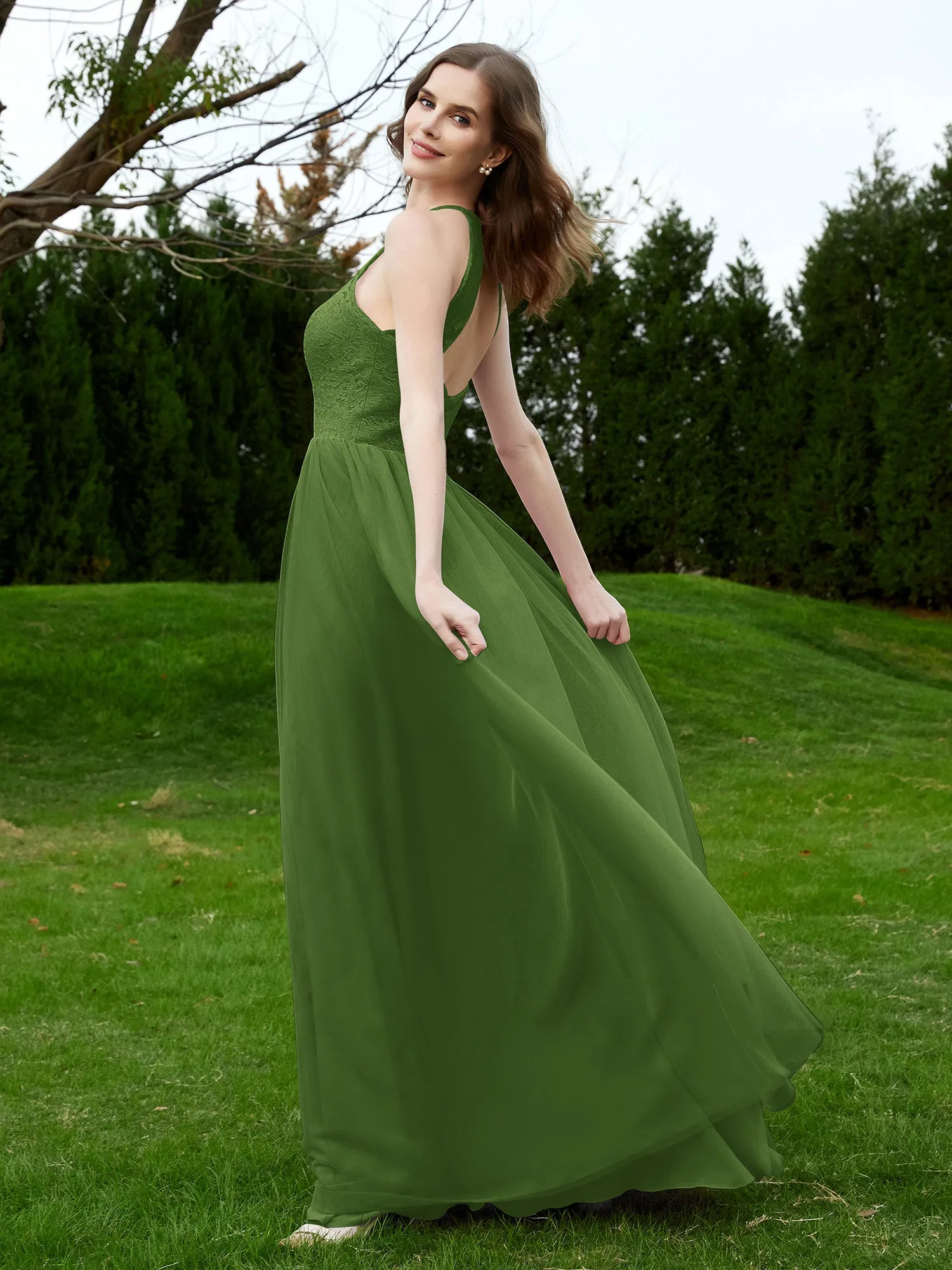 Lace Tulle Bridesmaid Gown Halter Neckline Moss