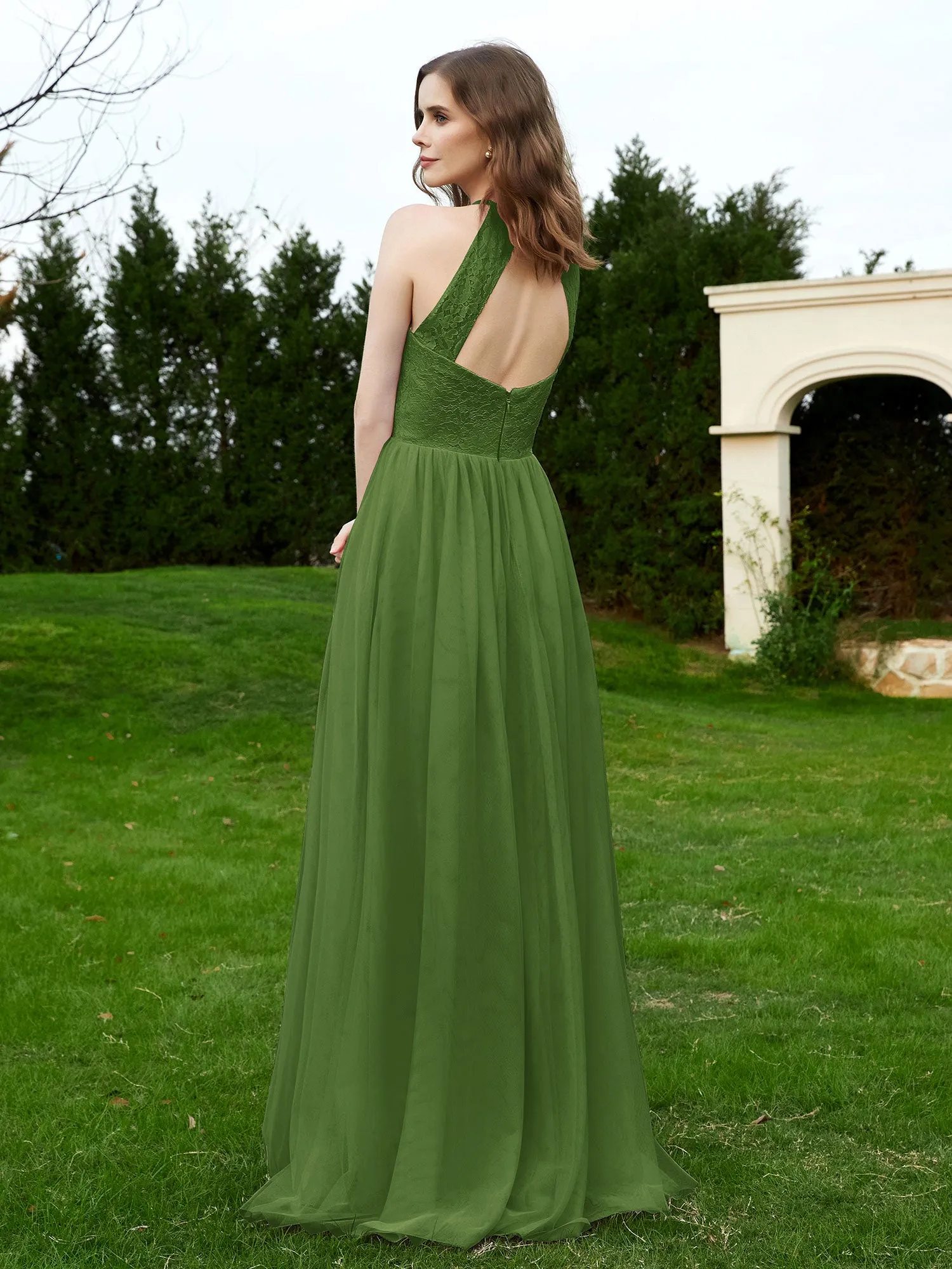 Lace Tulle Bridesmaid Gown Halter Neckline Moss