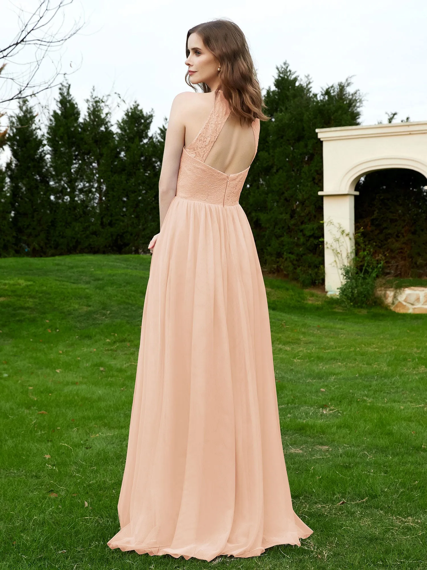 Lace Tulle Bridesmaid Gown Halter Neckline Pearl Pink
