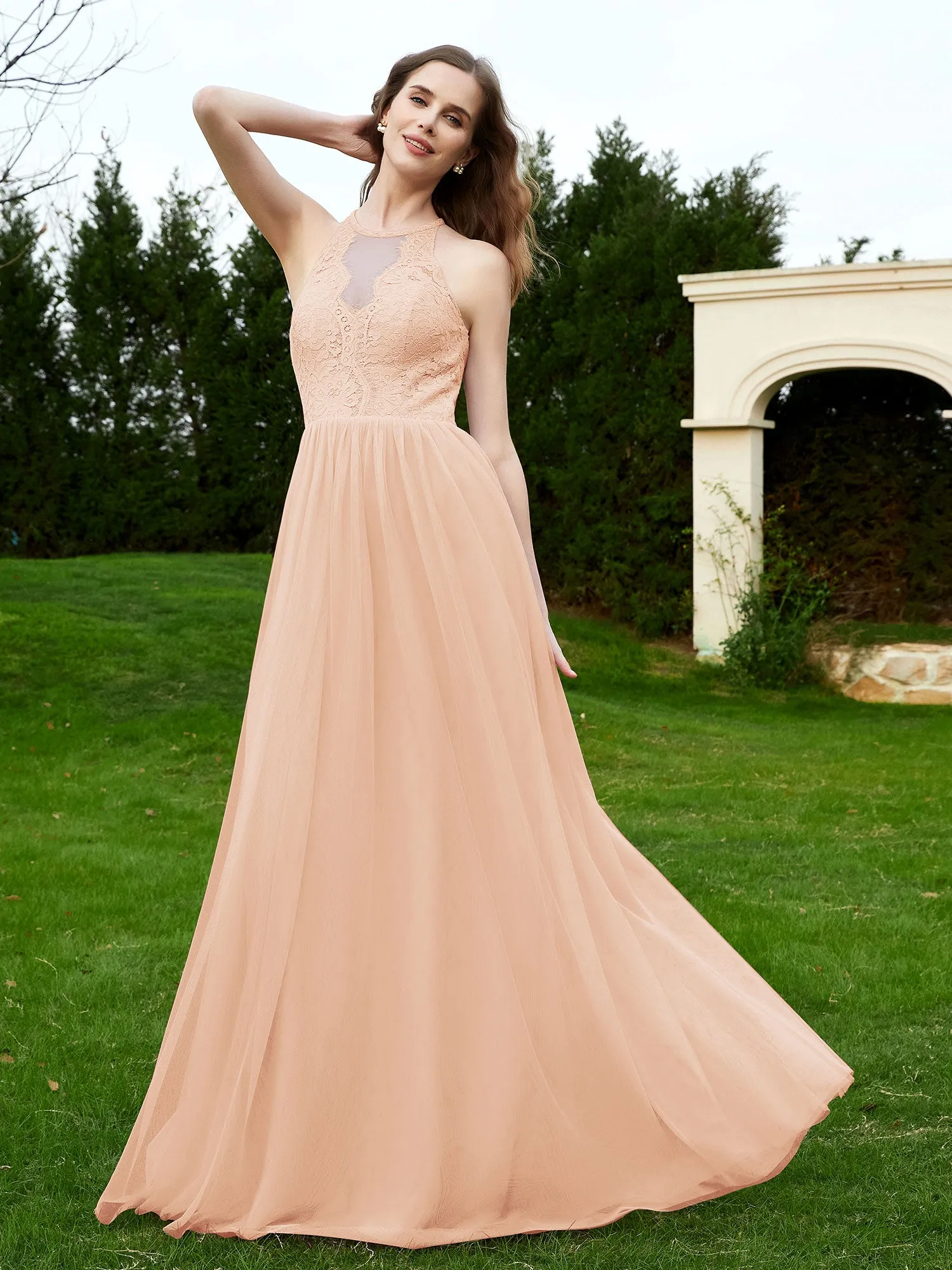 Lace Tulle Bridesmaid Gown Halter Neckline Pearl Pink