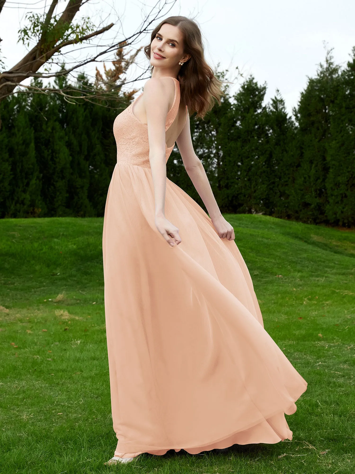 Lace Tulle Bridesmaid Gown Halter Neckline Pearl Pink