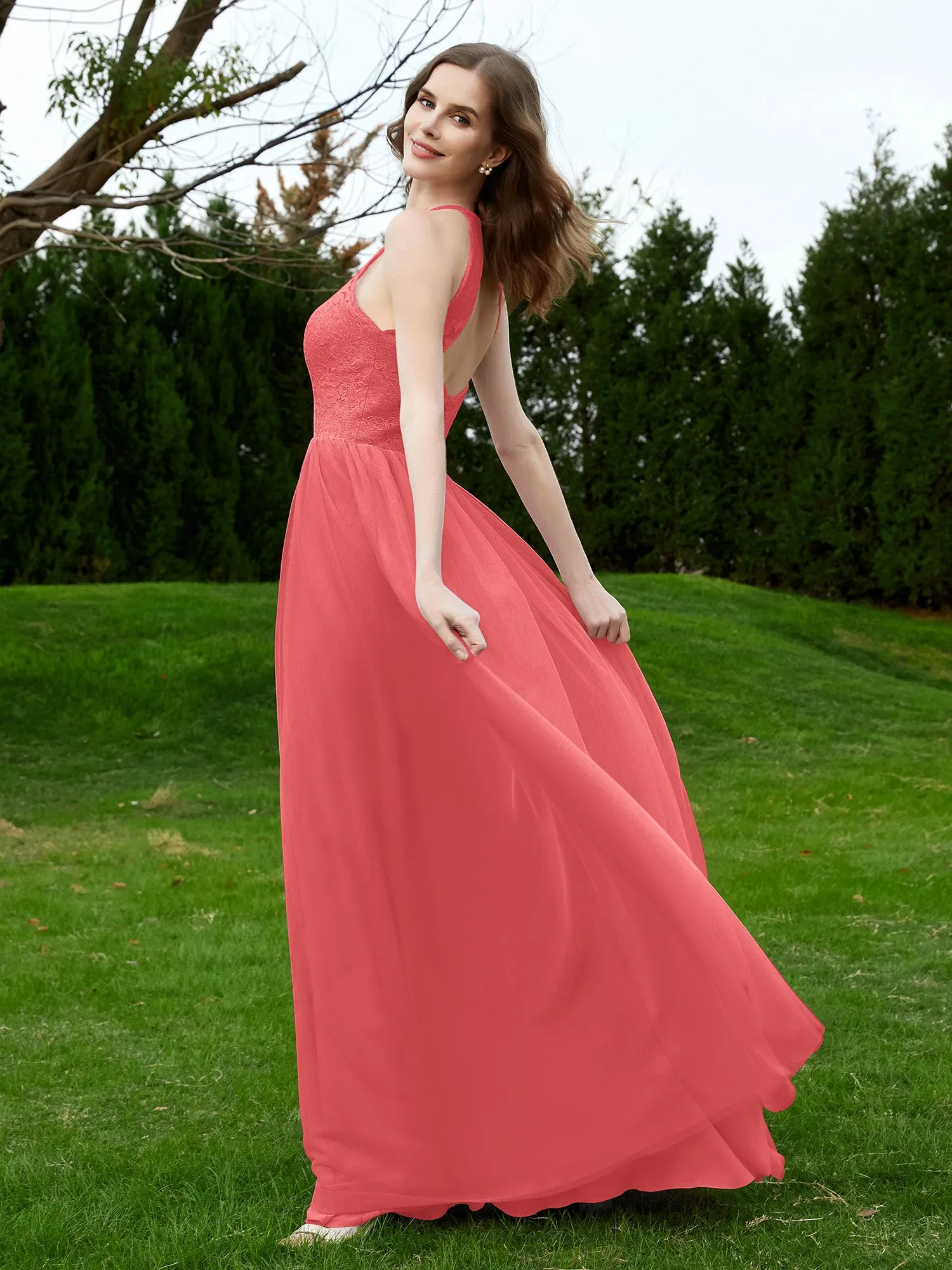 Lace Tulle Bridesmaid Gown Halter Neckline Watermelon Plus Size