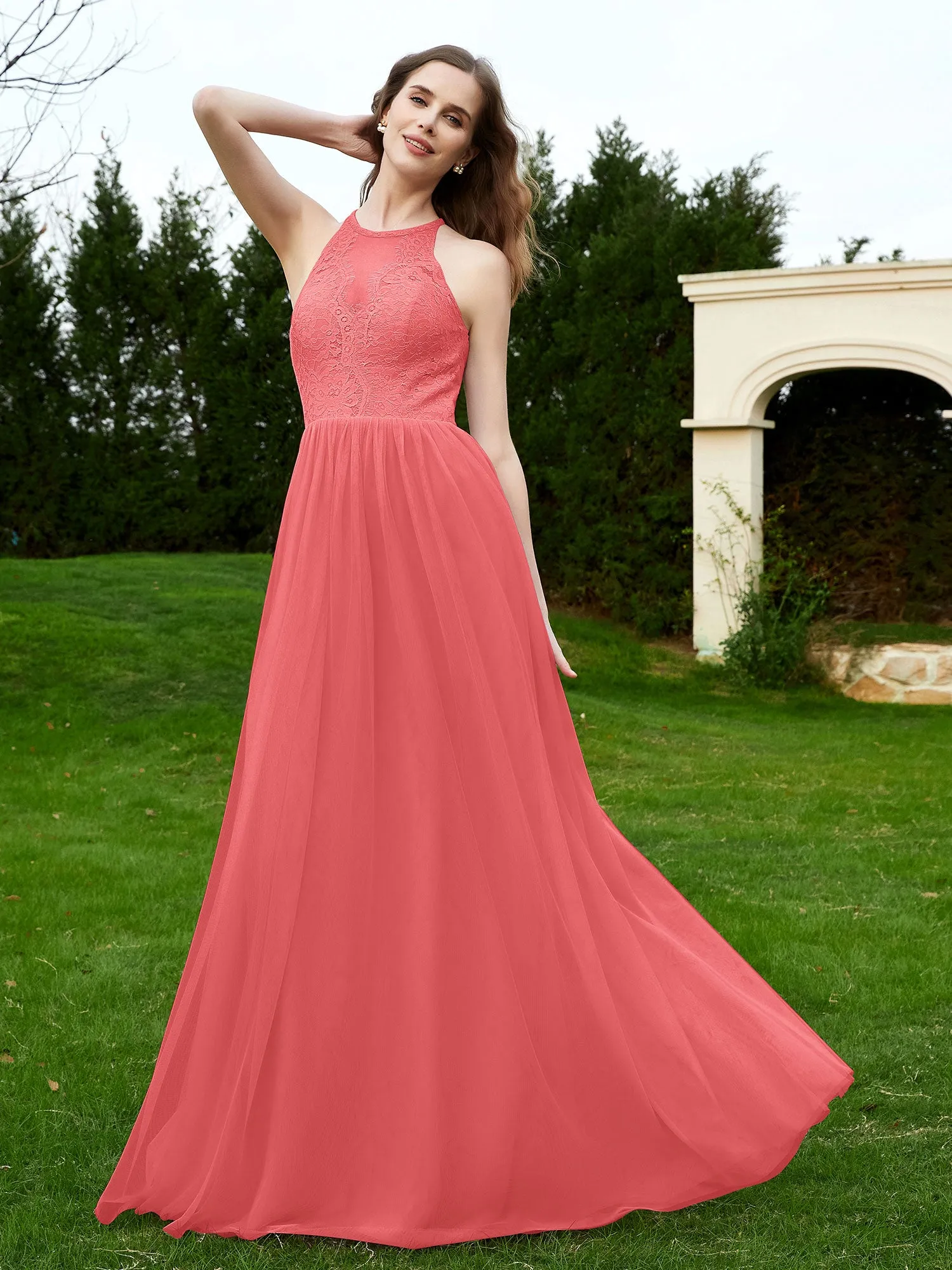 Lace Tulle Bridesmaid Gown Halter Neckline Watermelon Plus Size