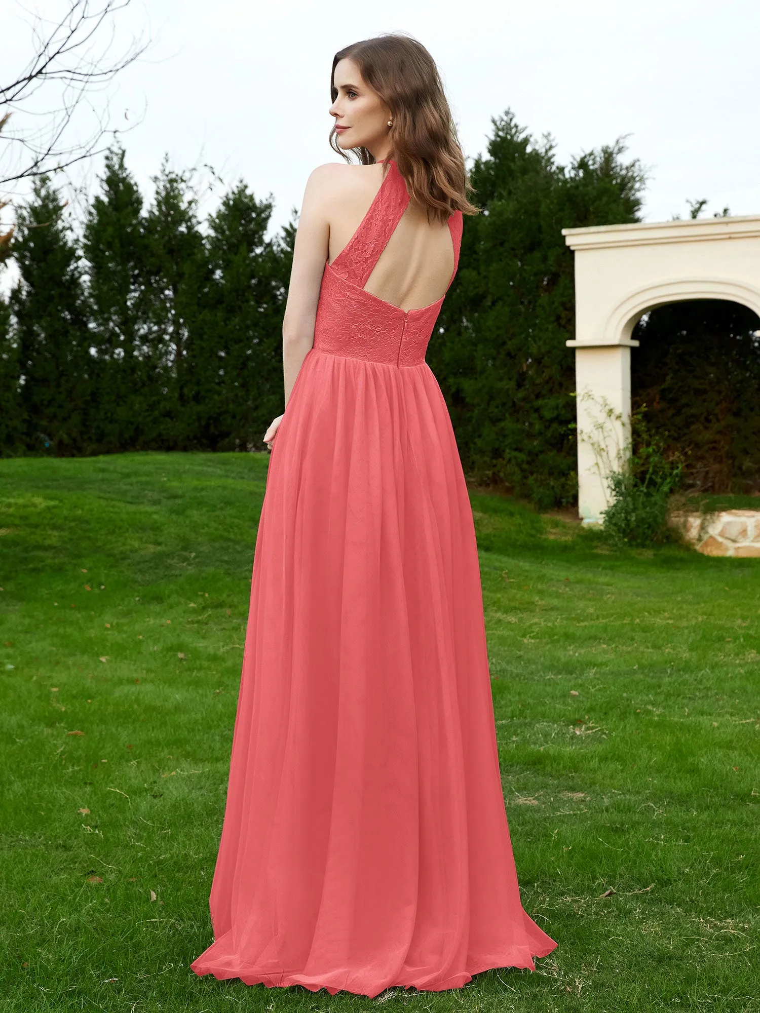 Lace Tulle Bridesmaid Gown Halter Neckline Watermelon Plus Size