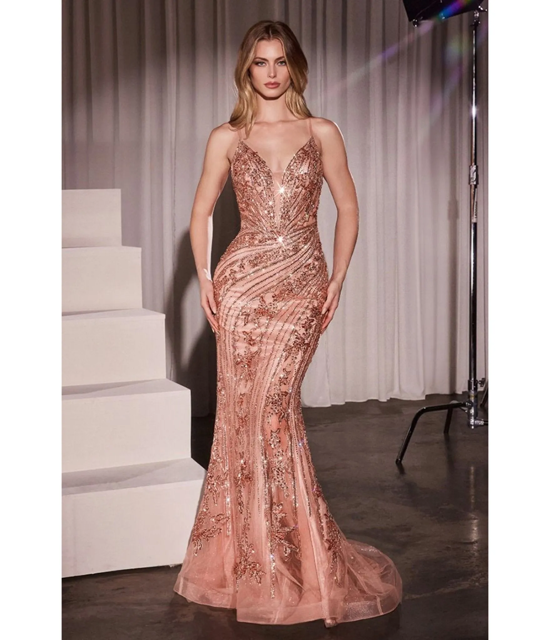 Ladivine by Cinderella Divine Rose Gold Beaded Fitted V-Neck Sheer Prom Dress