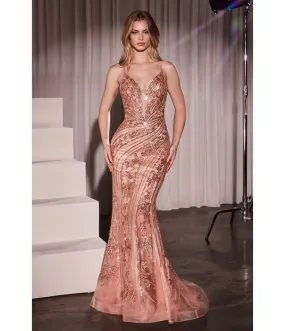 Ladivine by Cinderella Divine Rose Gold Beaded Fitted V-Neck Sheer Prom Dress