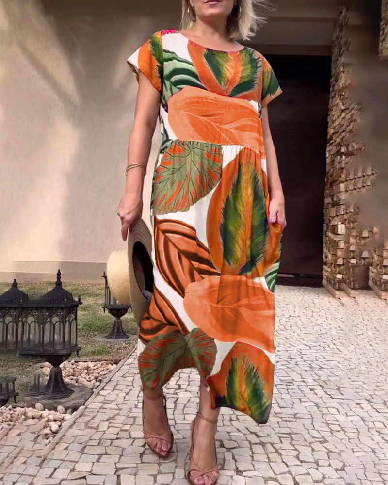 Leaf print short sleeve slit dress
