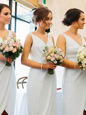 Light Blue V-Neck Sheath Asymmetry Ruched Short Bridesmaid Dresses PB188