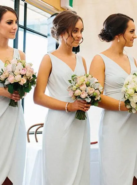 Light Blue V-Neck Sheath Asymmetry Ruched Short Bridesmaid Dresses PB188