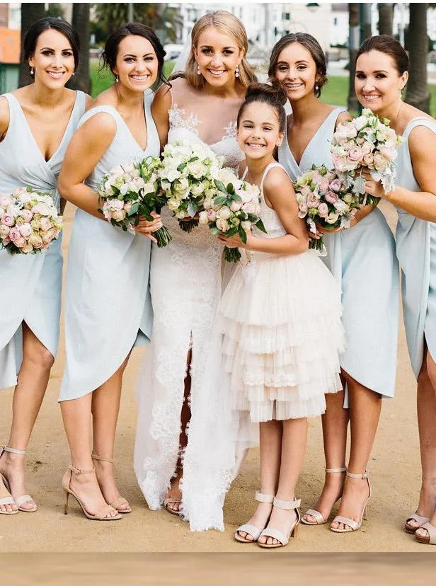Light Blue V-Neck Sheath Asymmetry Ruched Short Bridesmaid Dresses PB188