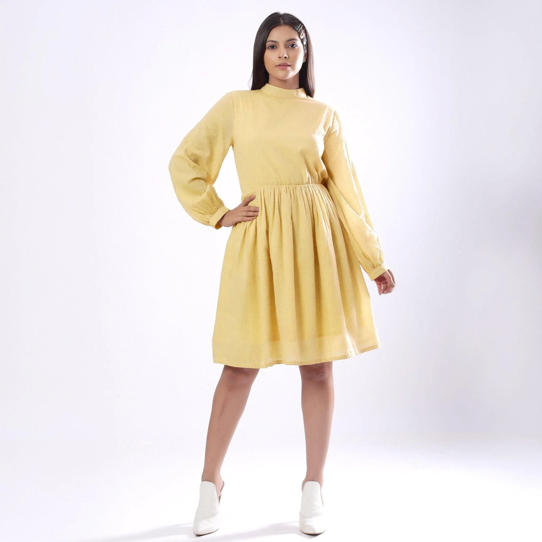 Light Yellow Handspun Cotton High Neck Gathered Short Dress