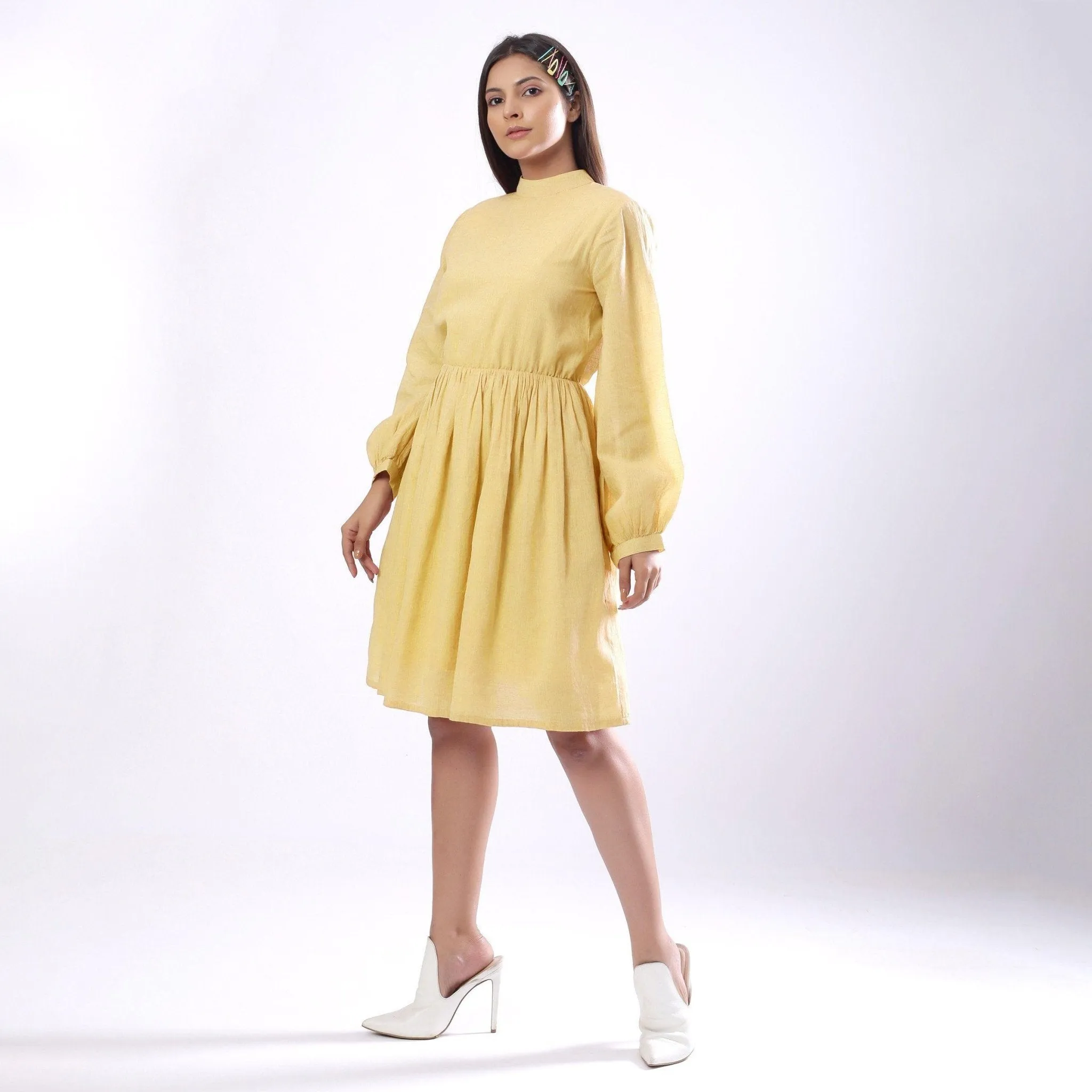 Light Yellow Handspun Cotton High Neck Gathered Short Dress