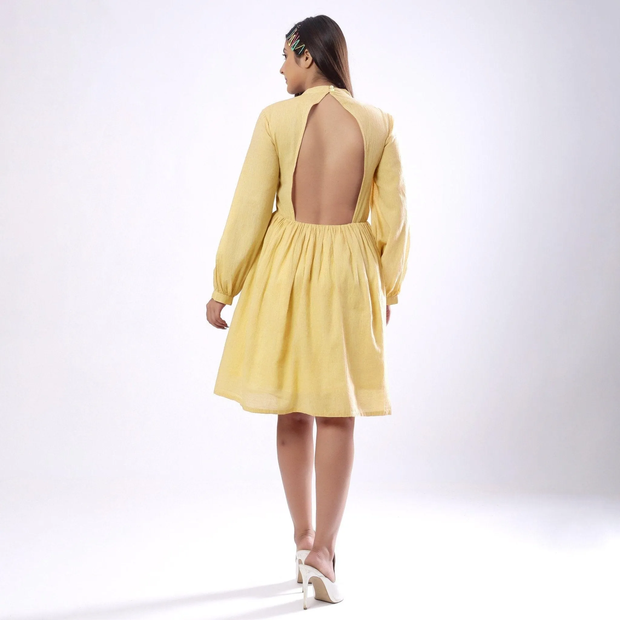 Light Yellow Handspun Cotton High Neck Gathered Short Dress