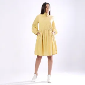 Light Yellow Handspun Cotton High Neck Gathered Short Dress