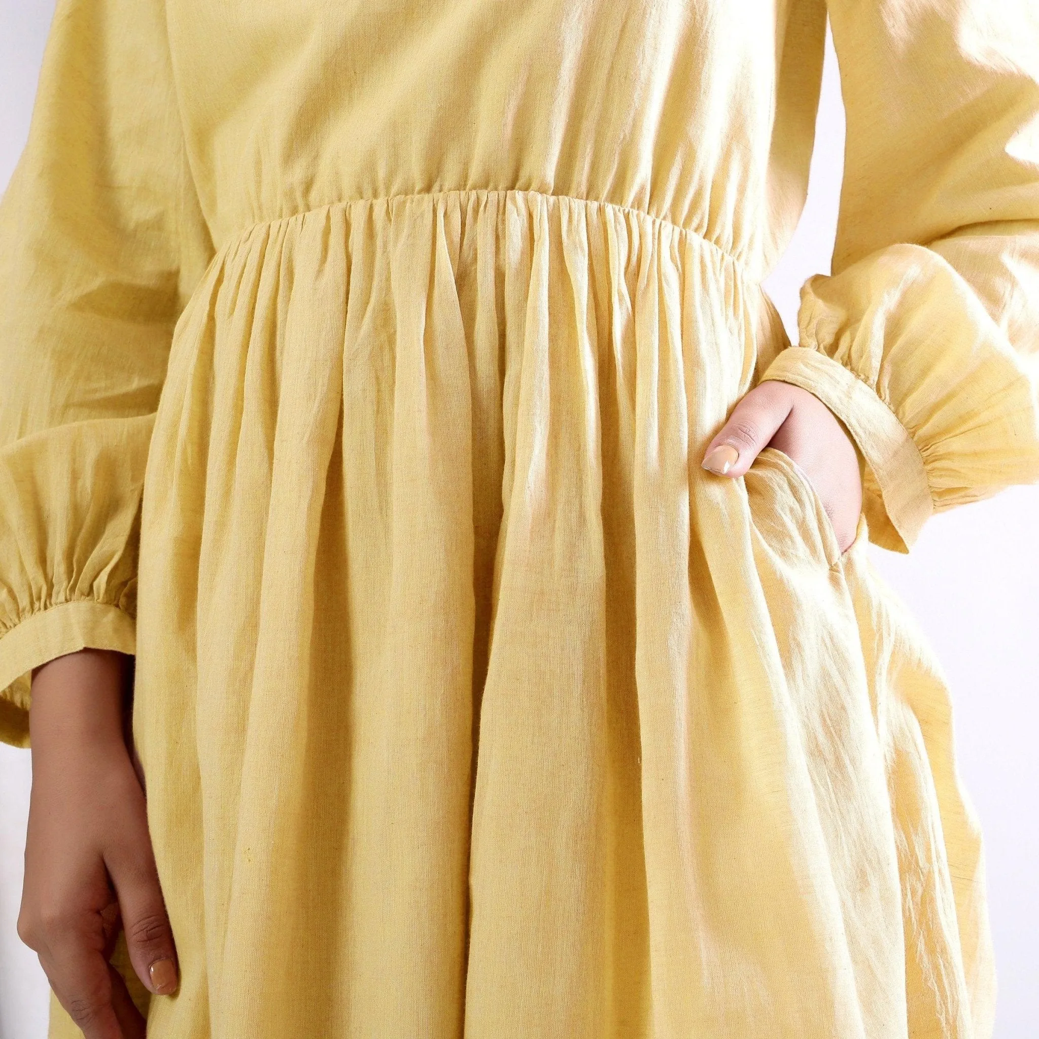 Light Yellow Handspun Cotton High Neck Gathered Short Dress