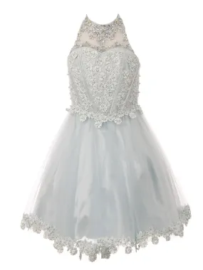 Little Girls Blue Halter Neck Rhinestone Sequin Flower Girl Dress 2-6