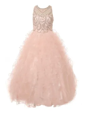 Little Girls Blush Ruffles Rhinestone Illusion Neck Pageant Dress 2-6