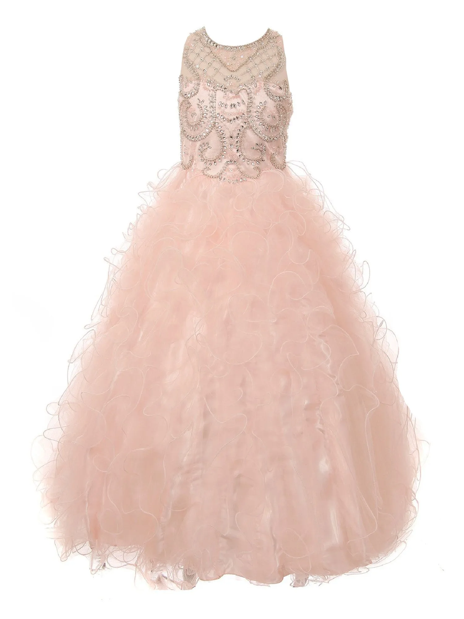 Little Girls Blush Ruffles Rhinestone Illusion Neck Pageant Dress 2-6