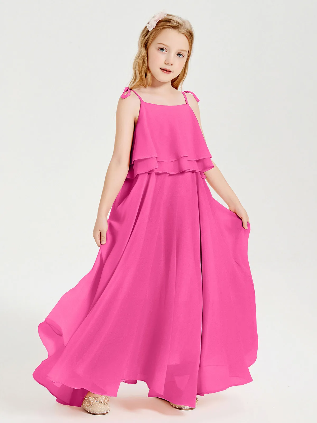 Long Chiffon Junior Bridesmaid Dresses Bowknot Spaghetti Straps Azalea