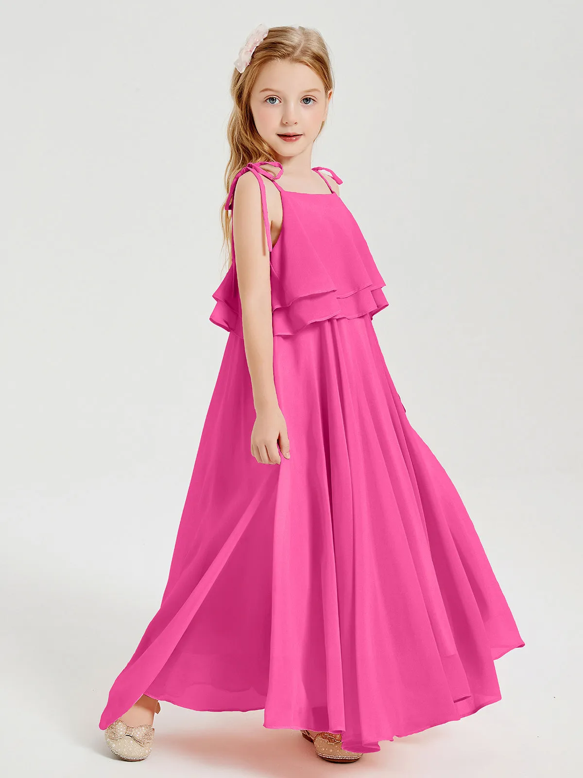 Long Chiffon Junior Bridesmaid Dresses Bowknot Spaghetti Straps Azalea