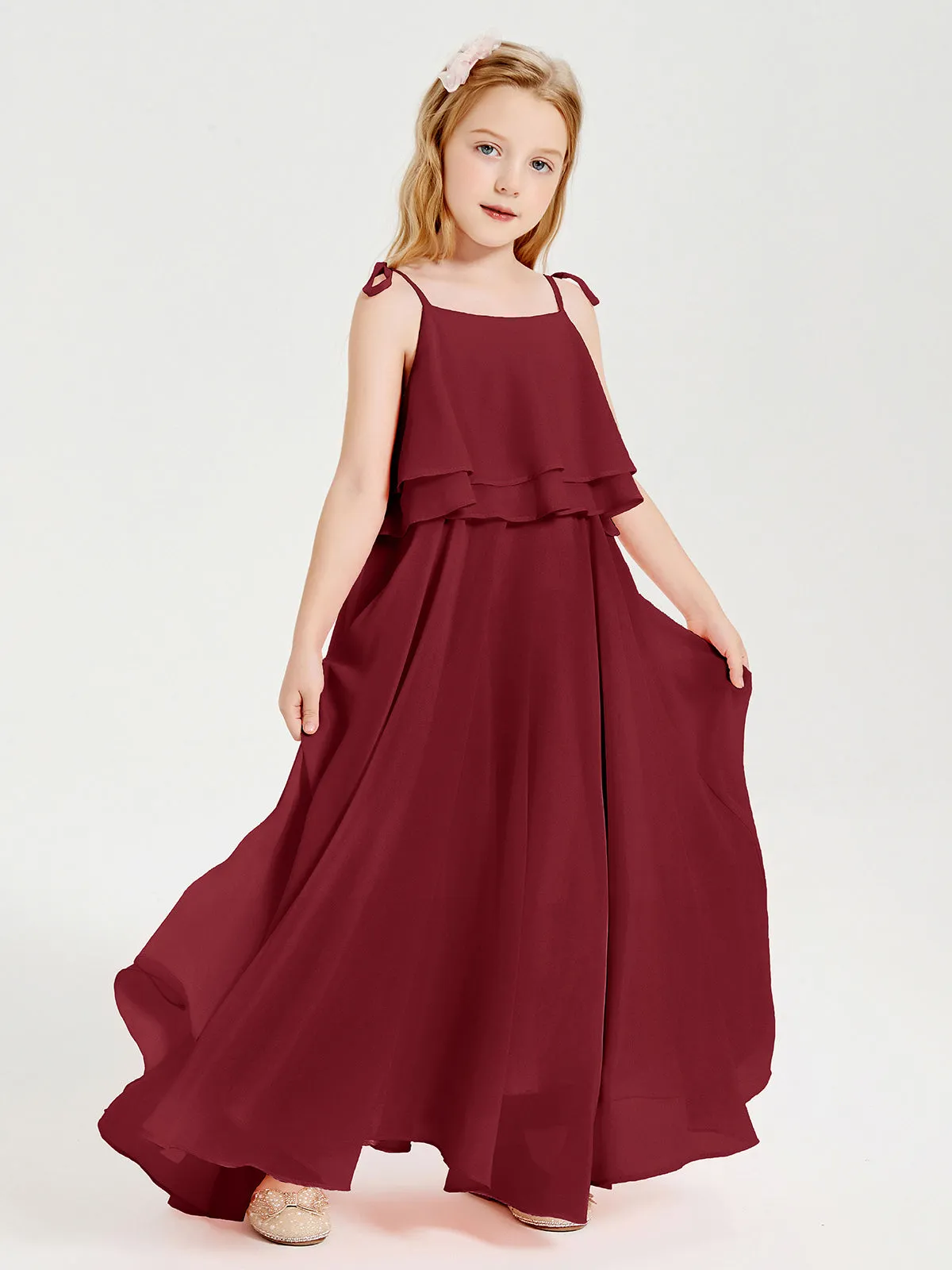 Long Chiffon Junior Bridesmaid Dresses Bowknot Spaghetti Straps Burgundy