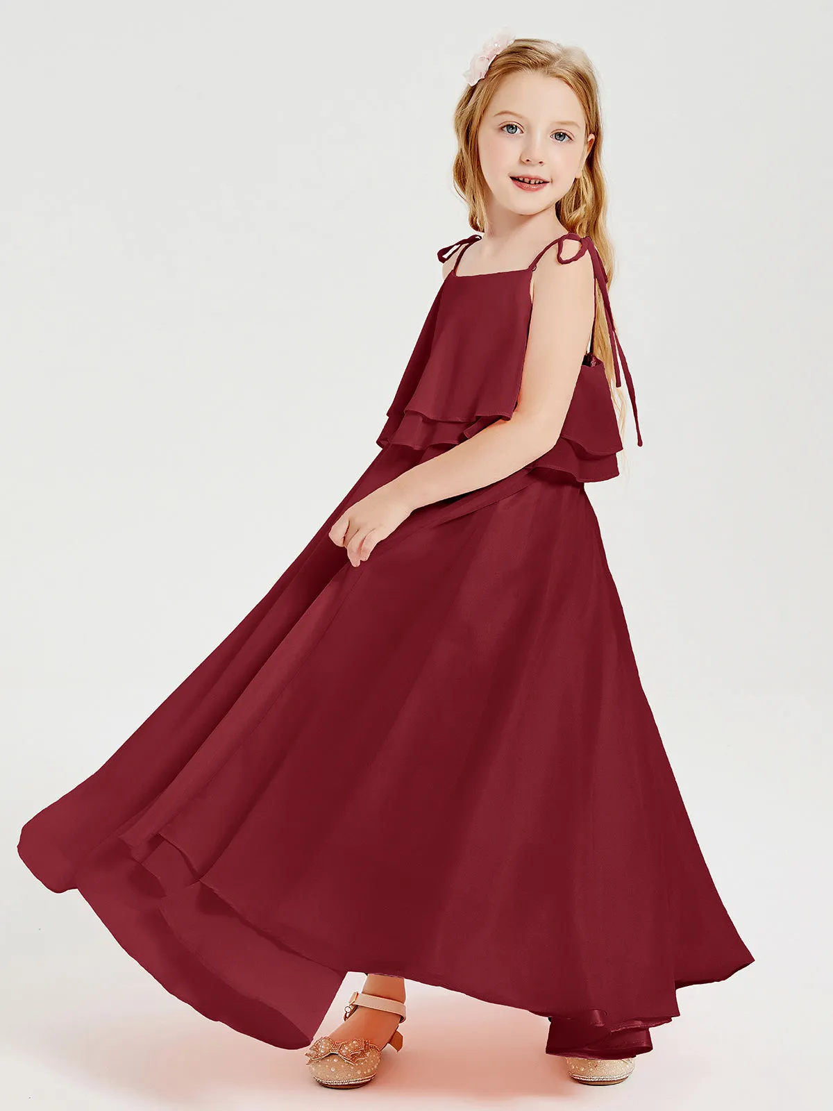 Long Chiffon Junior Bridesmaid Dresses Bowknot Spaghetti Straps Burgundy