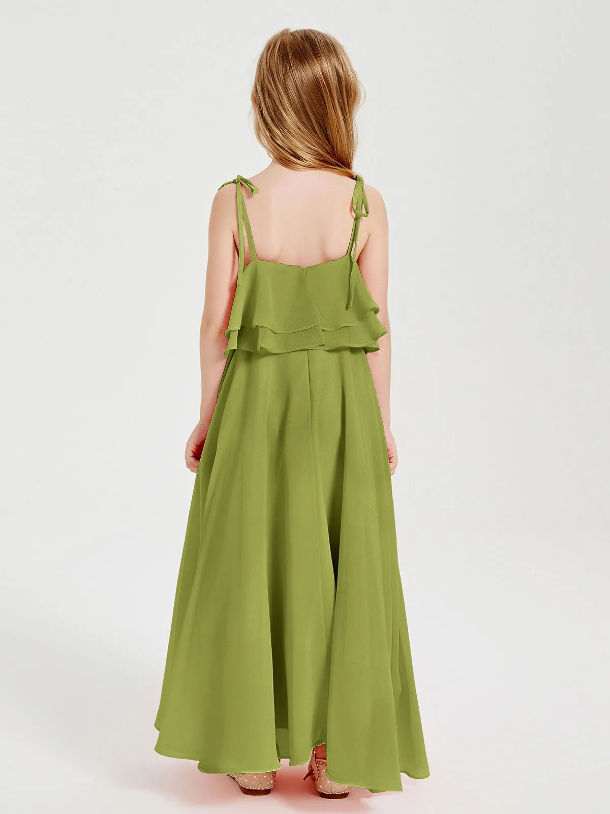 Long Chiffon Junior Bridesmaid Dresses Bowknot Spaghetti Straps Clover