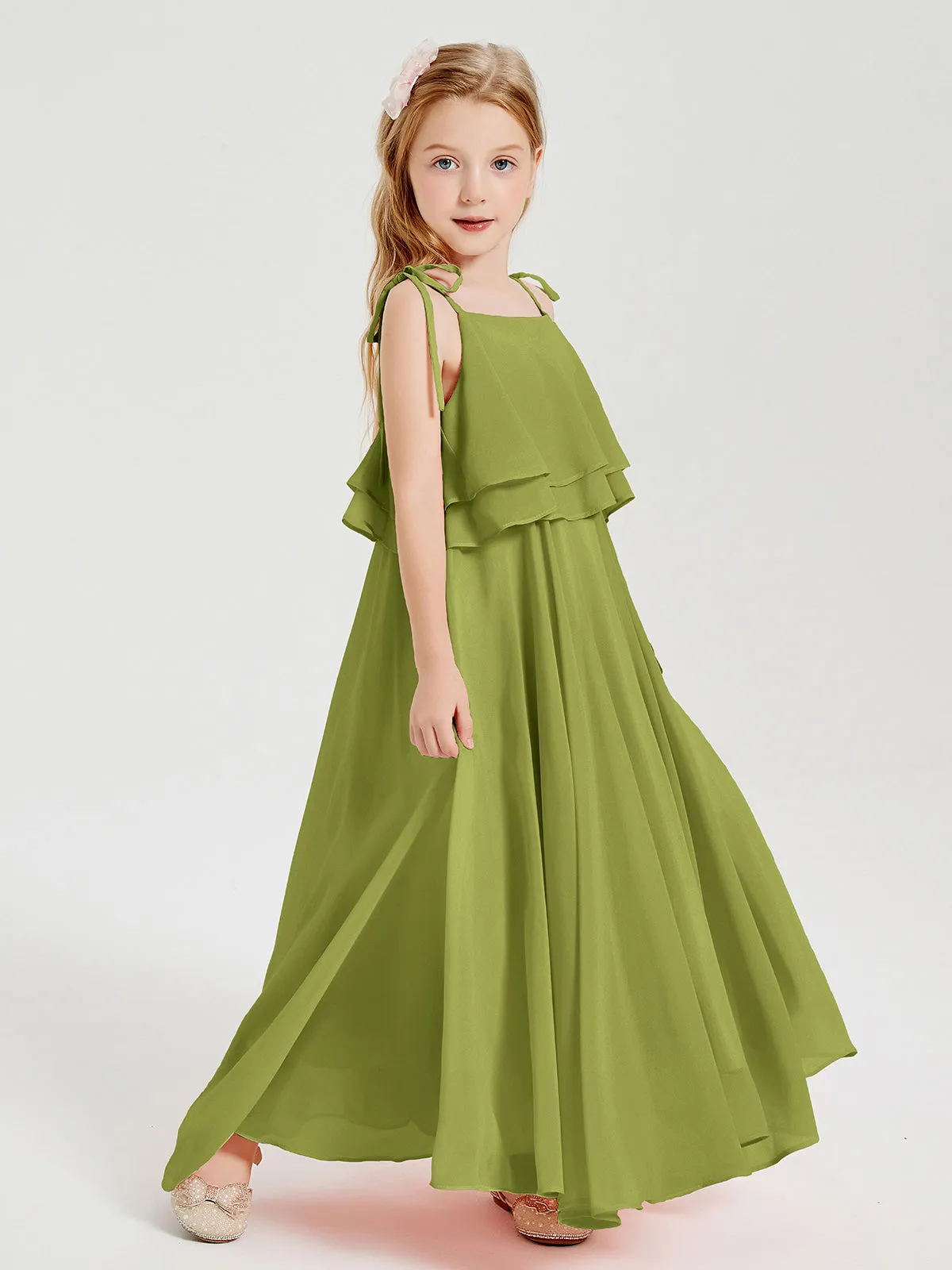 Long Chiffon Junior Bridesmaid Dresses Bowknot Spaghetti Straps Clover