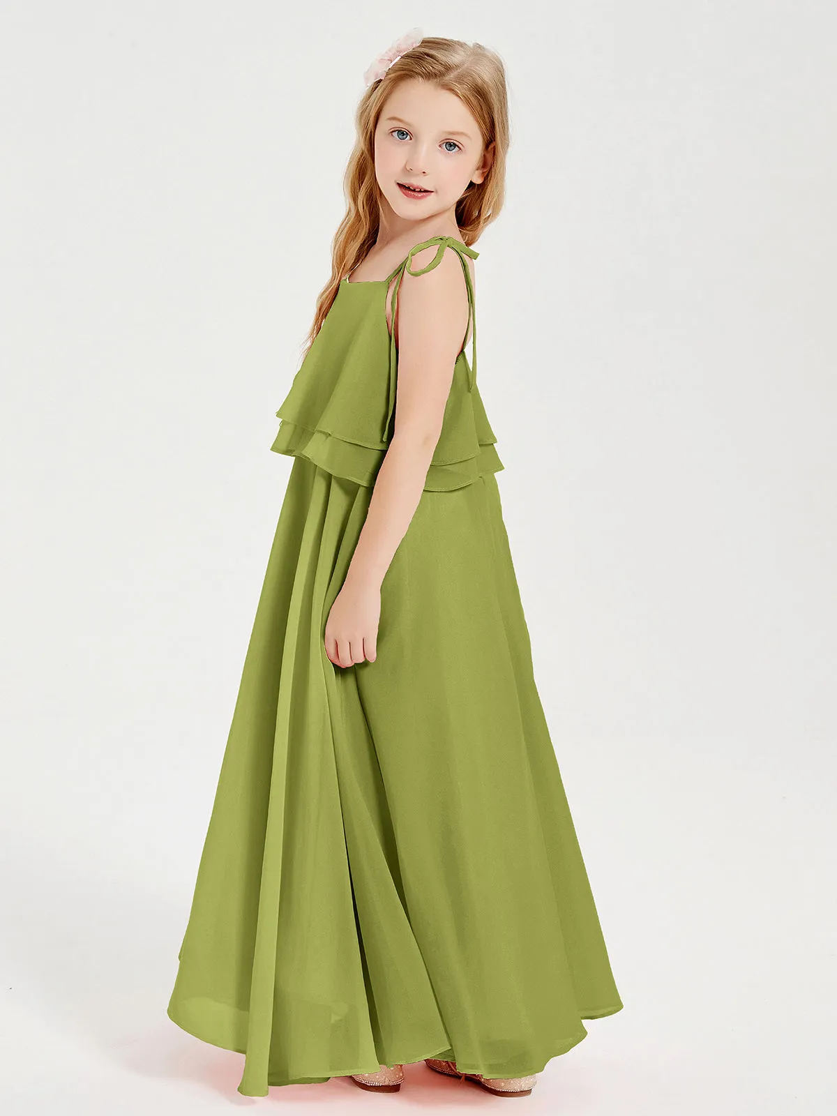Long Chiffon Junior Bridesmaid Dresses Bowknot Spaghetti Straps Clover