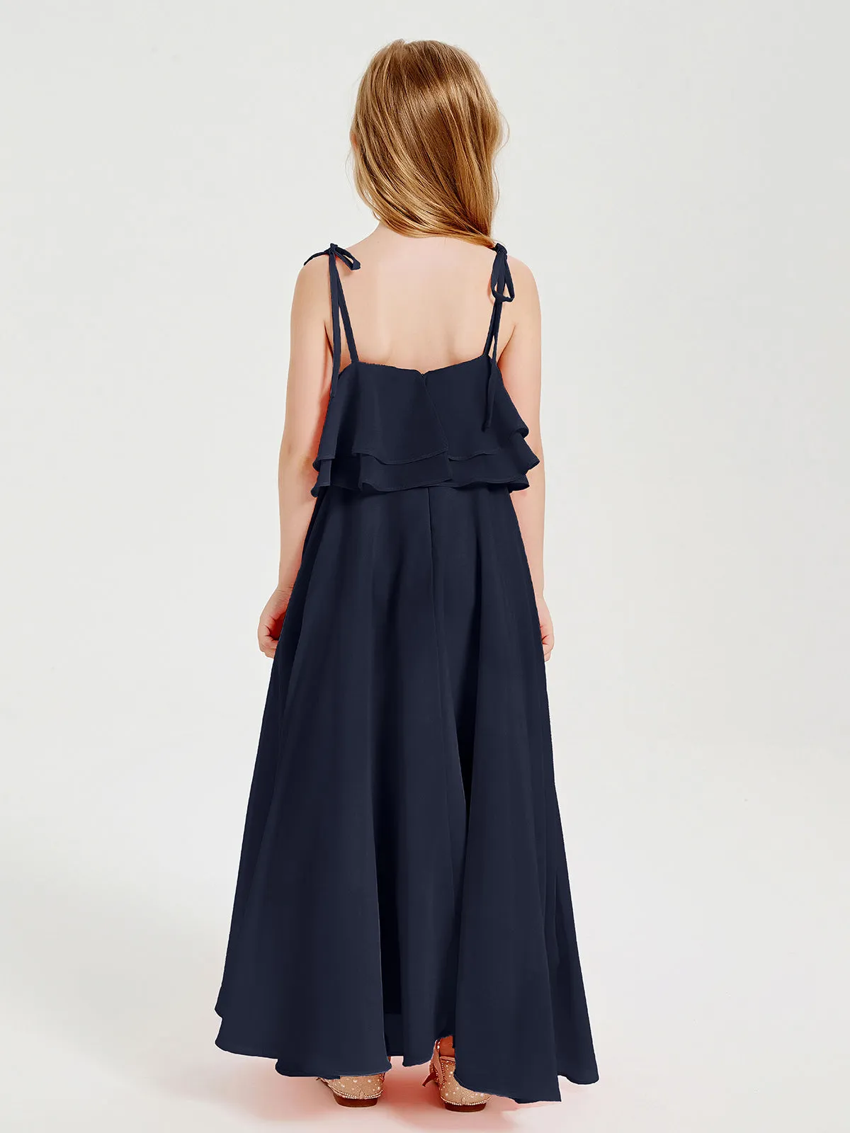 Long Chiffon Junior Bridesmaid Dresses Bowknot Spaghetti Straps Dark Navy
