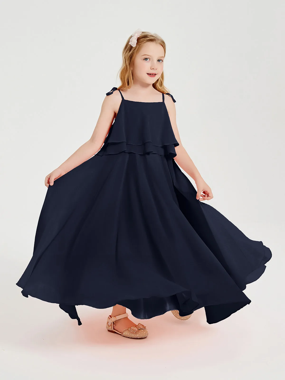 Long Chiffon Junior Bridesmaid Dresses Bowknot Spaghetti Straps Dark Navy