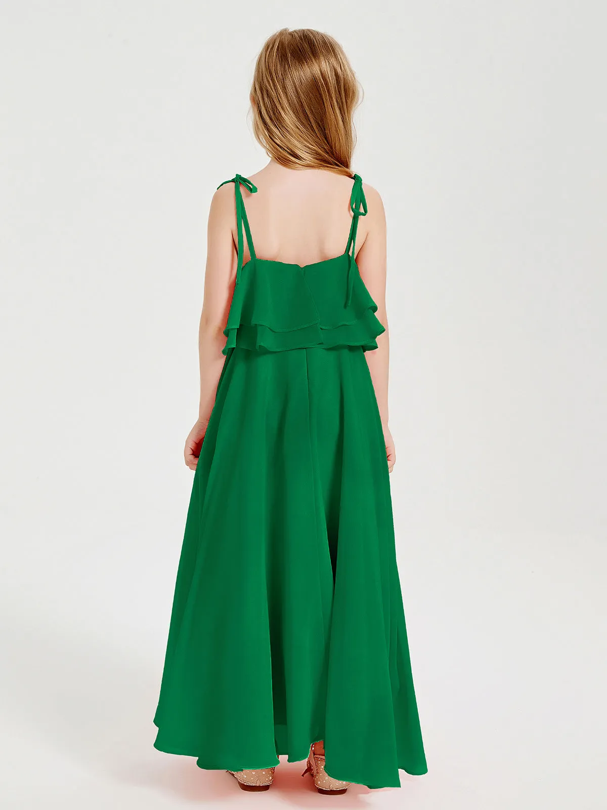 Long Chiffon Junior Bridesmaid Dresses Bowknot Spaghetti Straps Emerald