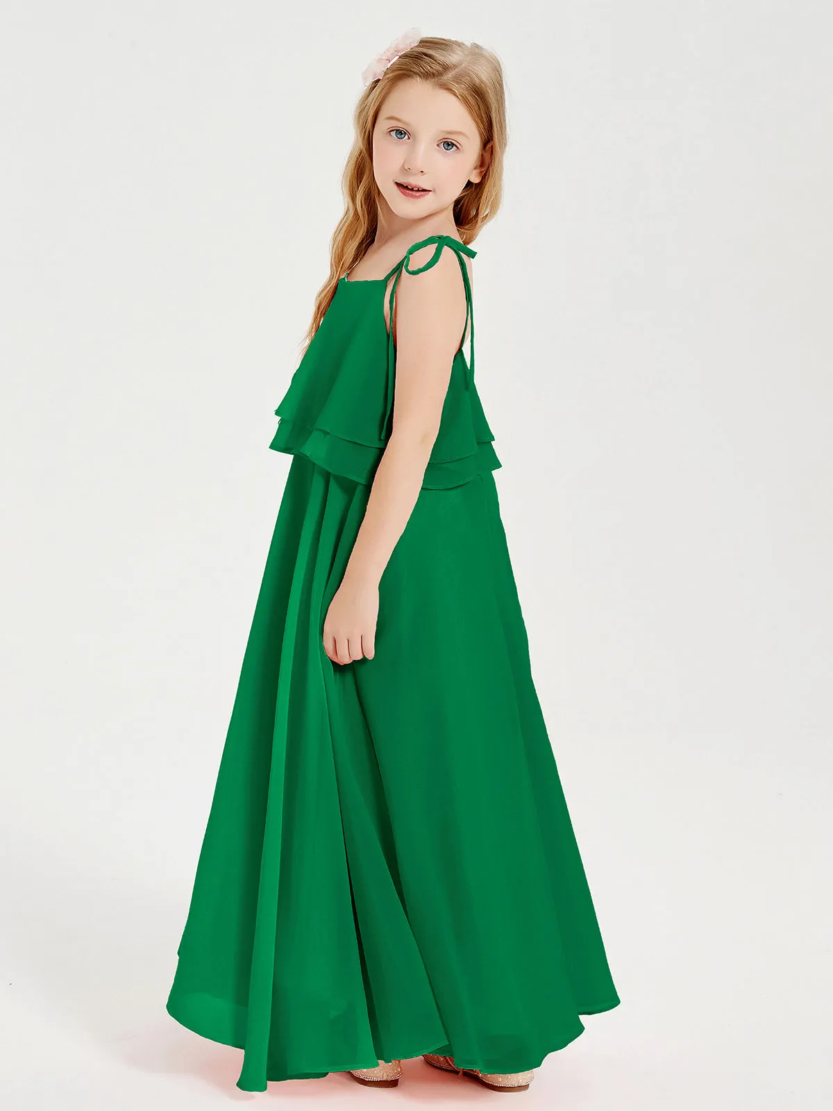 Long Chiffon Junior Bridesmaid Dresses Bowknot Spaghetti Straps Emerald