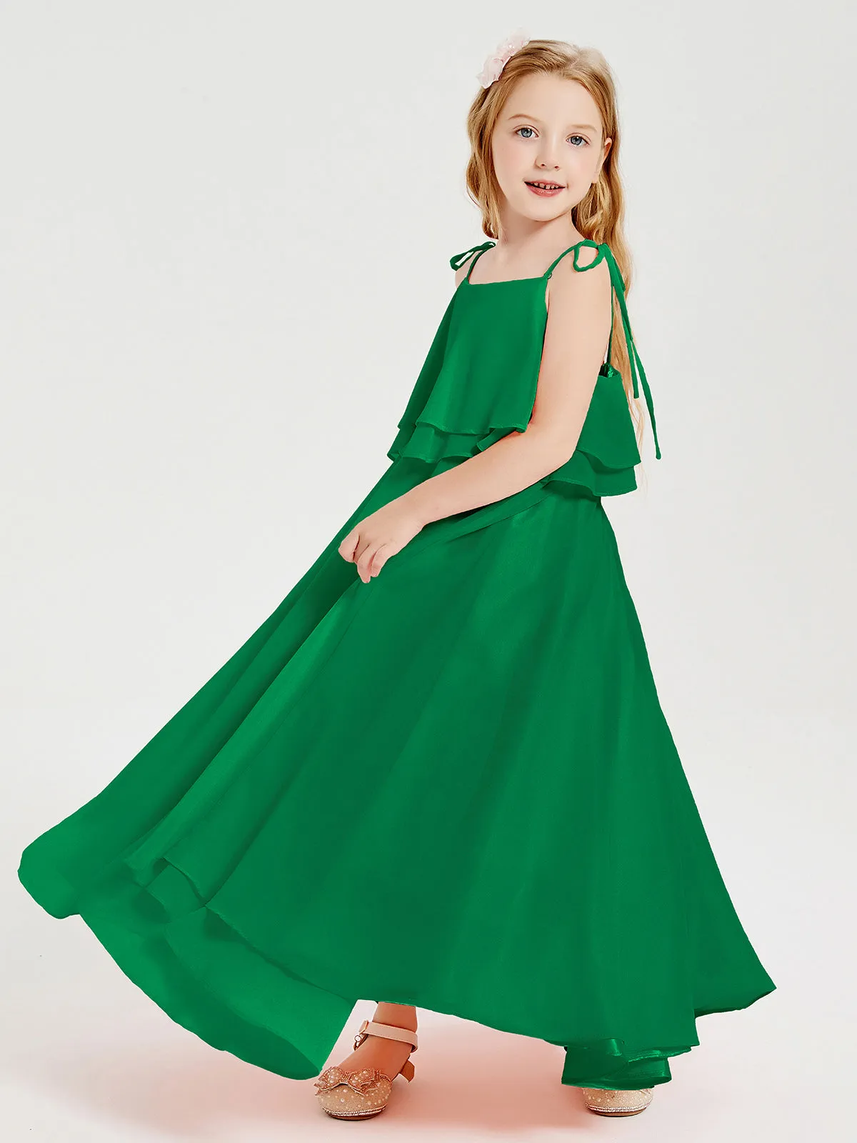 Long Chiffon Junior Bridesmaid Dresses Bowknot Spaghetti Straps Emerald