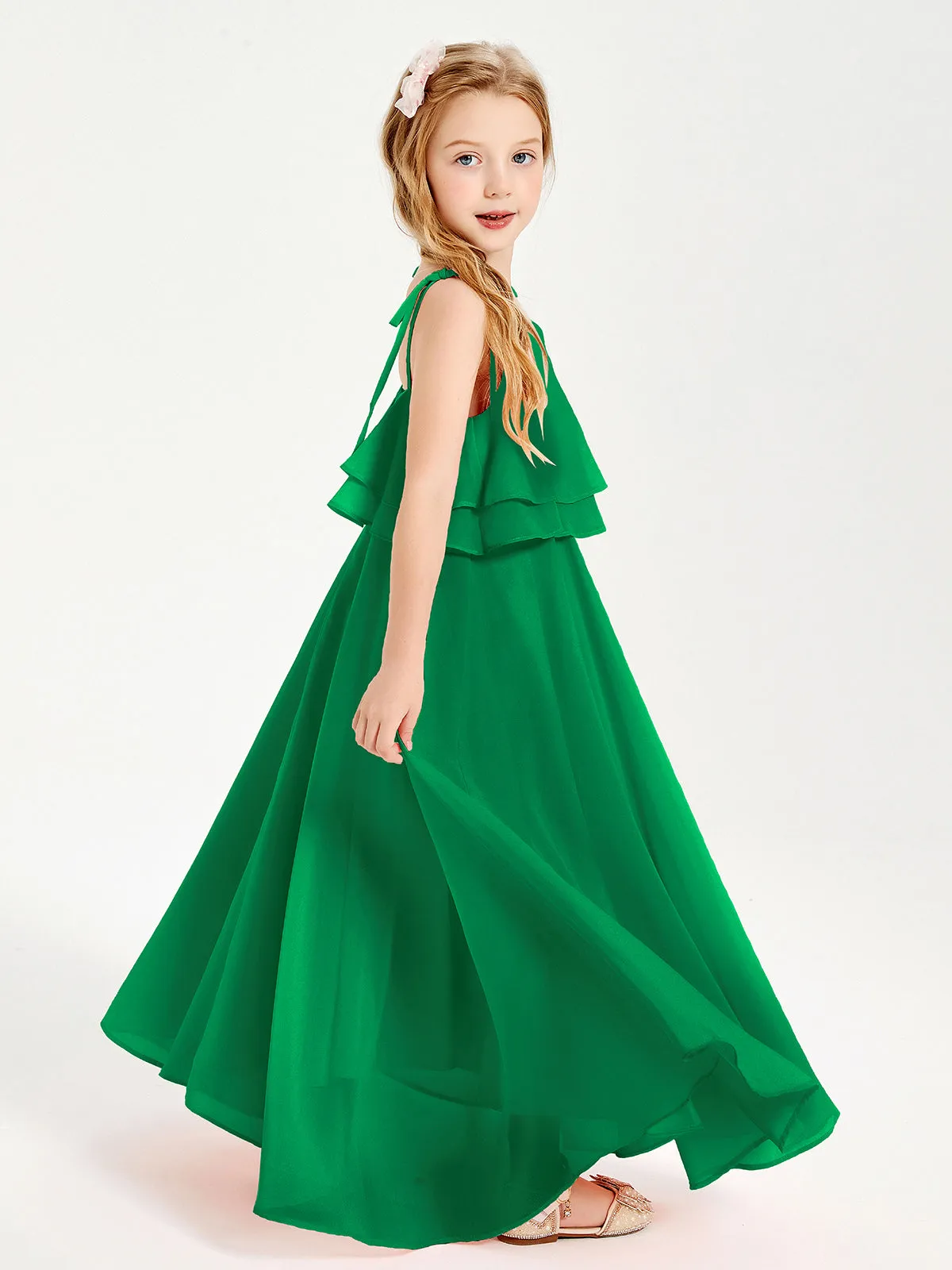 Long Chiffon Junior Bridesmaid Dresses Bowknot Spaghetti Straps Emerald