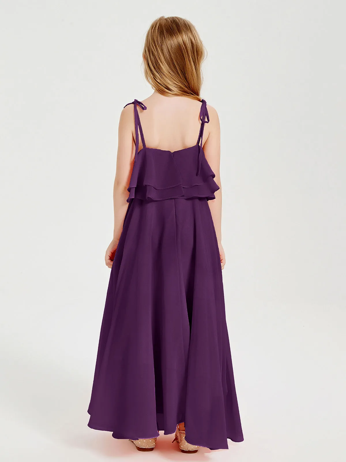 Long Chiffon Junior Bridesmaid Dresses Bowknot Spaghetti Straps Grape