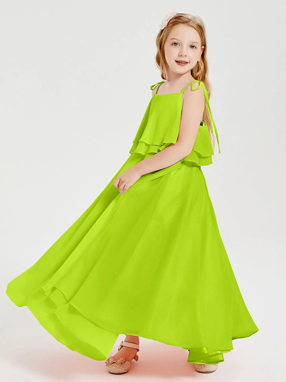 Long Chiffon Junior Bridesmaid Dresses Bowknot Spaghetti Straps Lime Green