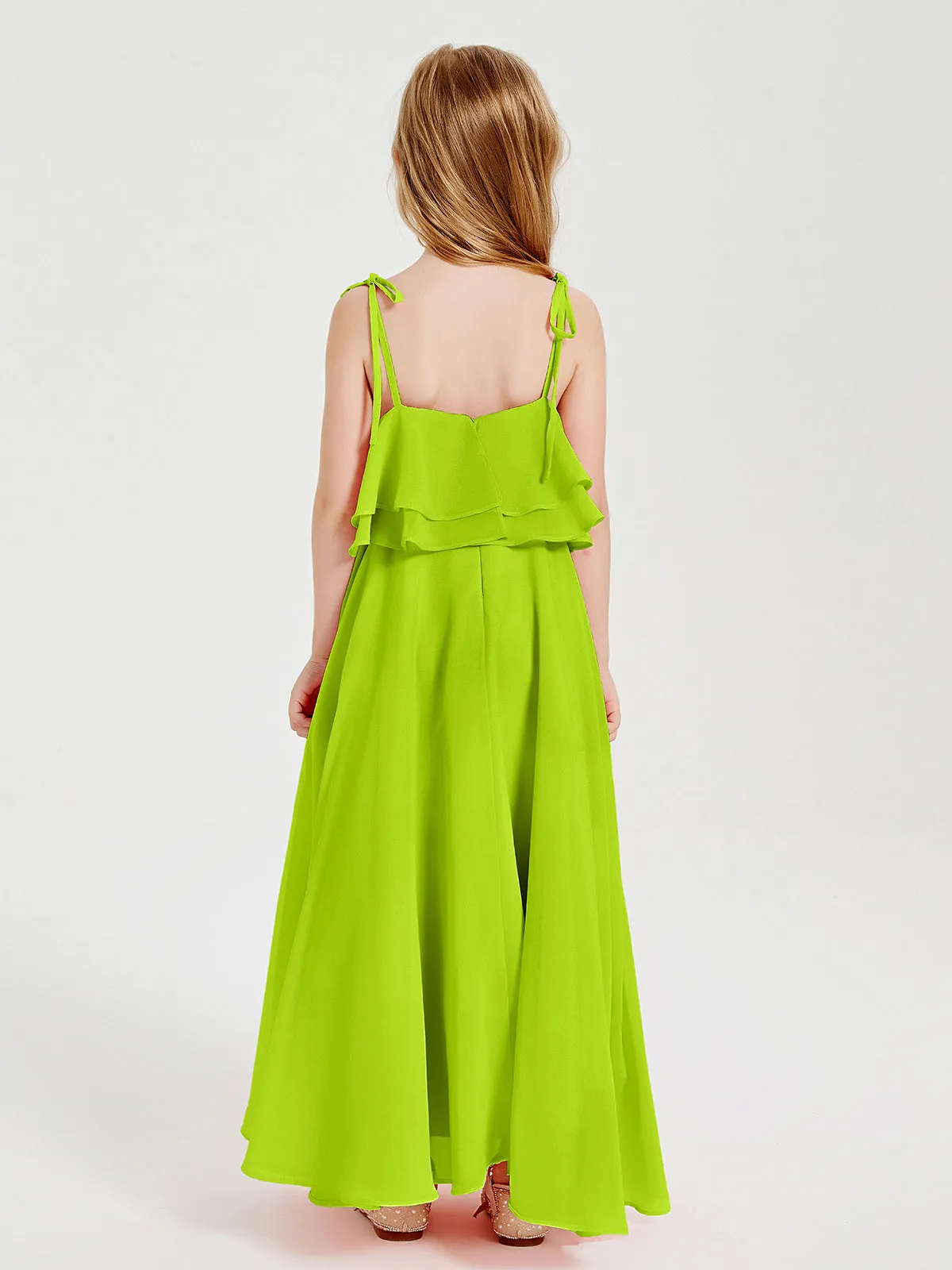 Long Chiffon Junior Bridesmaid Dresses Bowknot Spaghetti Straps Lime Green