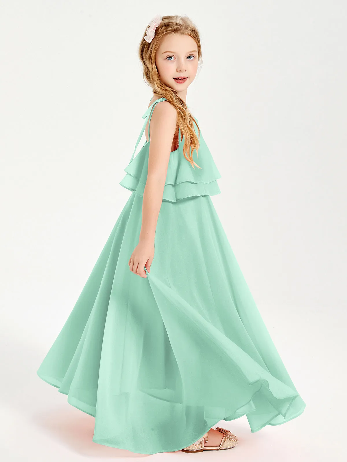 Long Chiffon Junior Bridesmaid Dresses Bowknot Spaghetti Straps Mint Green