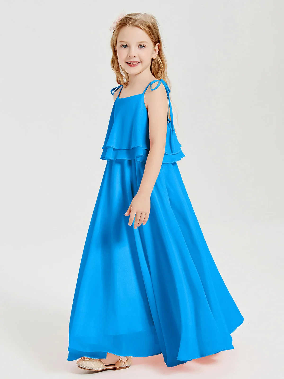 Long Chiffon Junior Bridesmaid Dresses Bowknot Spaghetti Straps Ocean Blue