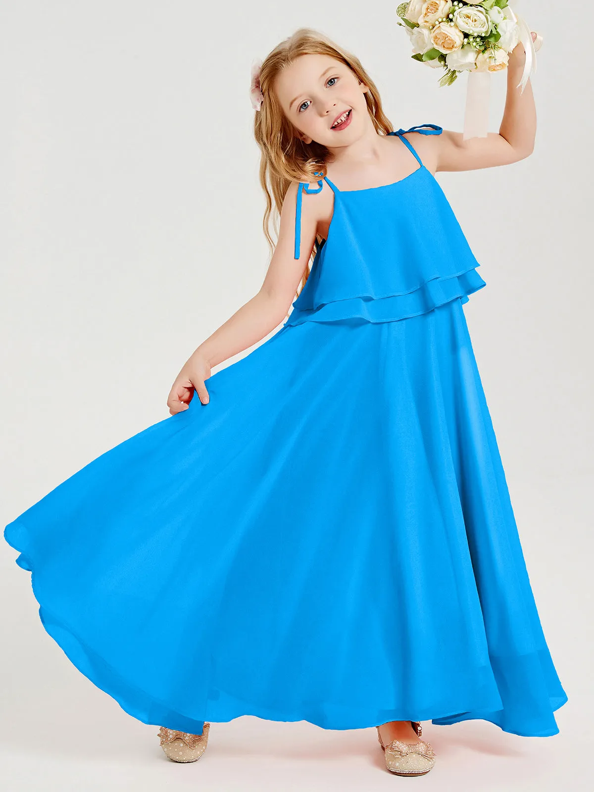 Long Chiffon Junior Bridesmaid Dresses Bowknot Spaghetti Straps Ocean Blue