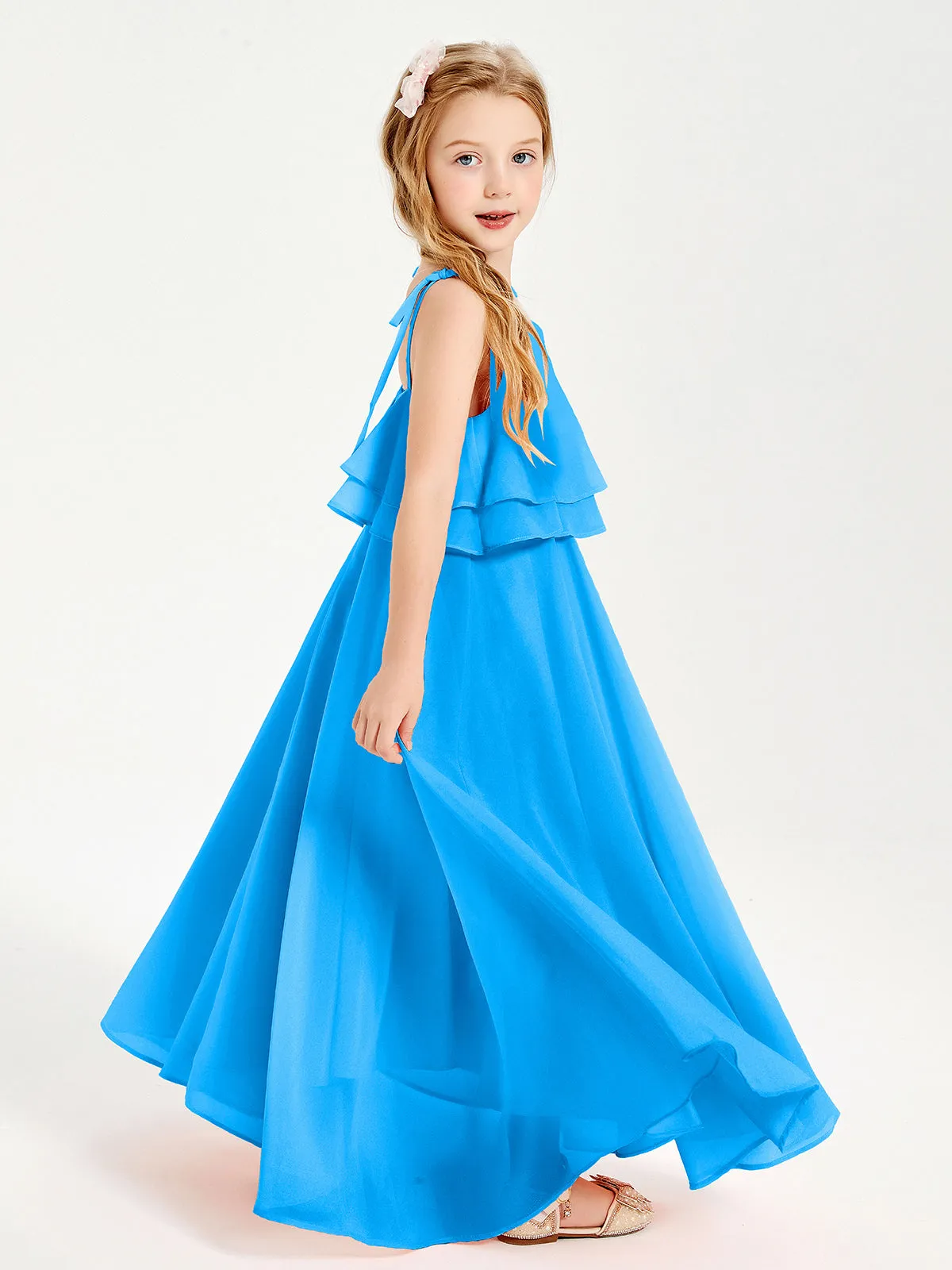 Long Chiffon Junior Bridesmaid Dresses Bowknot Spaghetti Straps Ocean Blue